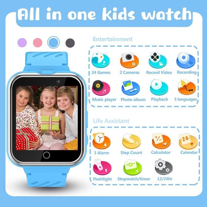 Montre connectée GENERIQUE Montre intelligente enfant - smartwatch enfant  avec téléphone sos musique jeux caméra chronomètre réveil calendrier mode  scolaire écran tactile lampe