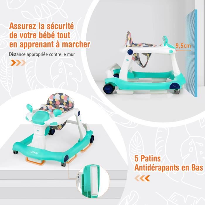 Trotteur Bébé Pliable 2-en-1 Évolutif – 6-18 Mois, Charge 15 Kg, Musique & Lumières, Hauteur Réglable 3 Positions, Rose