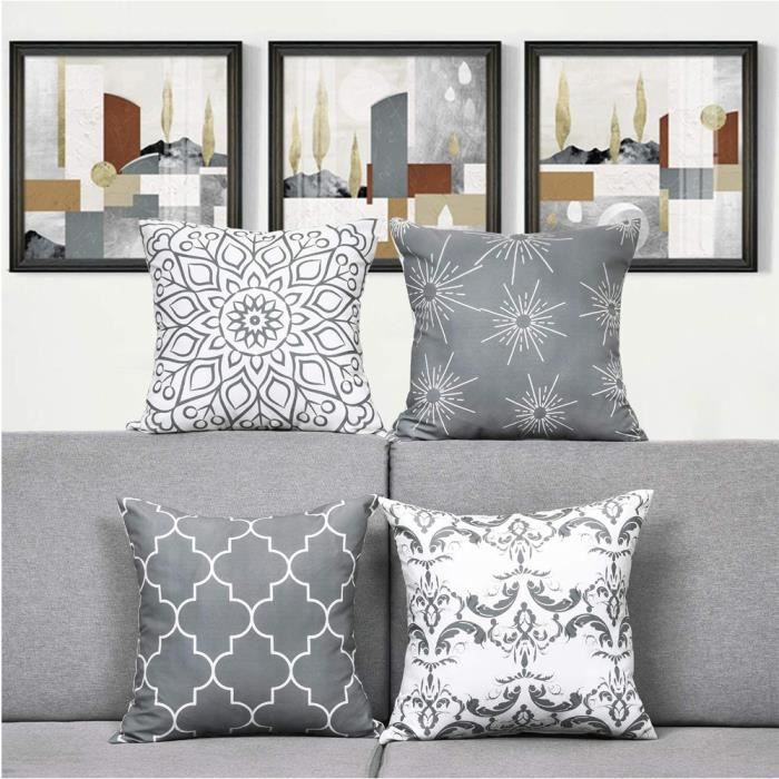 Lot de 4 Housses de Coussin 40 x 40 cm Blanc et Gris Velours Taies  d'oreillers de Canapé Maison Voiture décoratif Sofa Pillowcase - Cdiscount  Maison