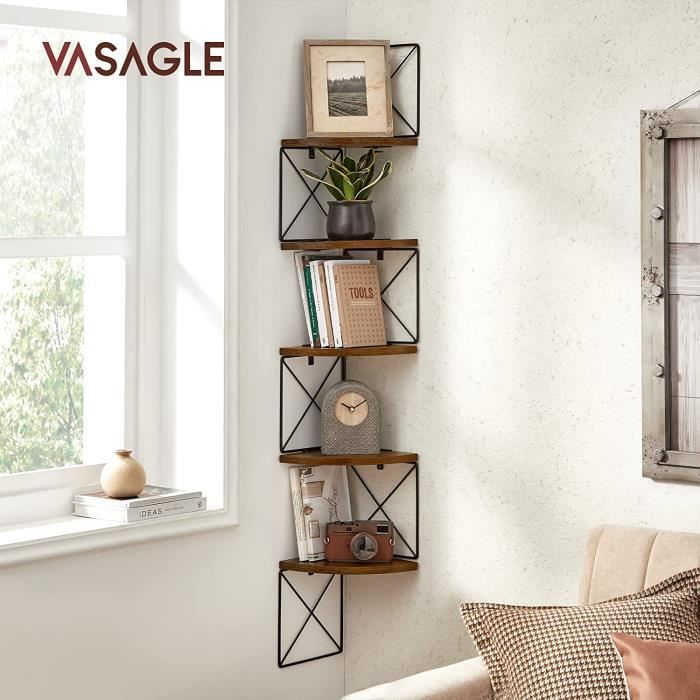Étagère Murale D'Angle VASAGLE 5 Niveaux | 127.5cm H | Marron Rustique Et Noir | Rangement Salon/Chambre