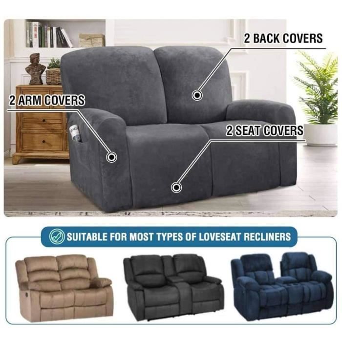 Housses de fauteuil inclinable 2 places, en cuir synthétique extensible avec poches, housse de canapé pour salon (2 places, noir