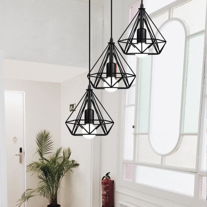 Fusion Lustre Suspension Moderne 3 Luminaire Lustre Lampe Cage Diamant en  Fer Noir pour Cuisine Salon - Cdiscount Maison