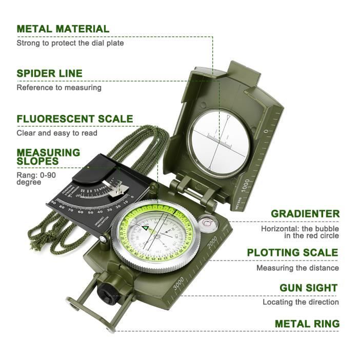 Boussole militaire Lensatic en métal robuste - Militaire - Antichoc, Étanche 