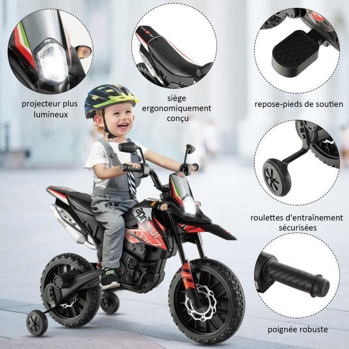 Moto électrique Aprilia Pour Enfant 3-8 Ans - 12V, 6 Km/h, Avec Roues Stabilisatrices, Musique Et Phares - 12