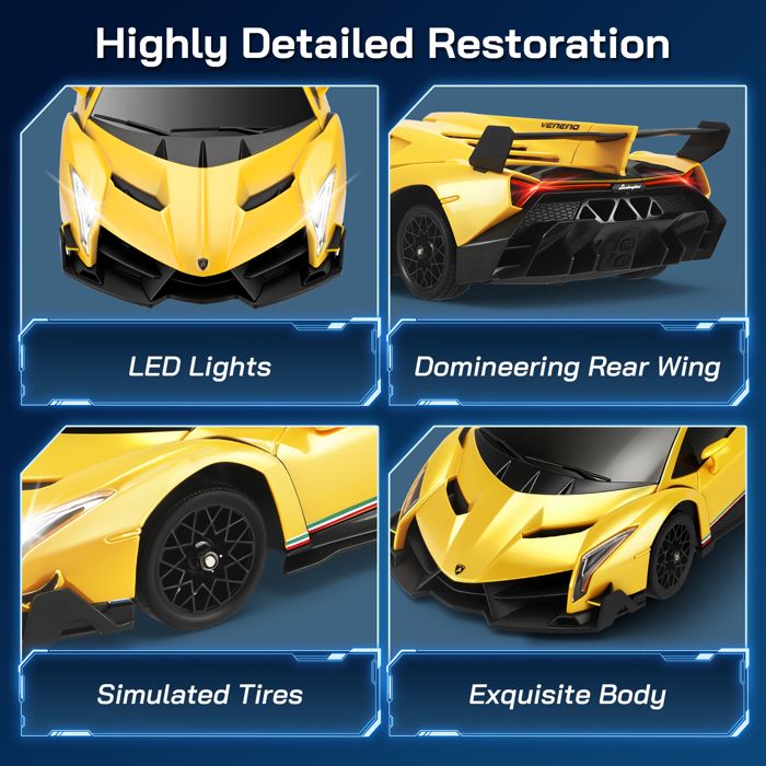 Lamborghini Veneno Drift Car 1:18 4WD – 20 Km/h, 2.4GHz, Luces LED – Coches RC Con Obstáculos Y Neumáticos De Repuesto – Para Niños +8 Años
