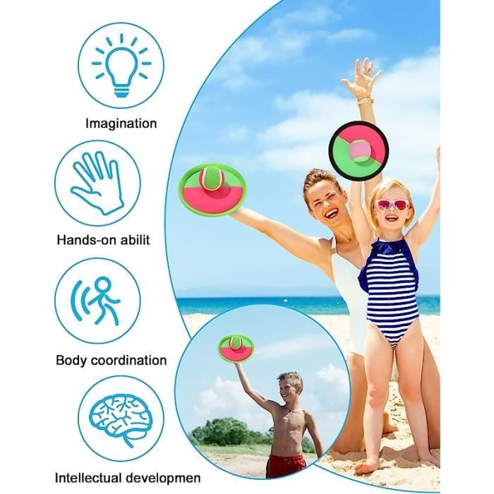Jeu Extérieur Familial Jeu Balle Velcro Enfants - 4 Raquettes + 4 Balles - Jeu Extérieur - Sac Transport Inclus Jeu Adresse Plage