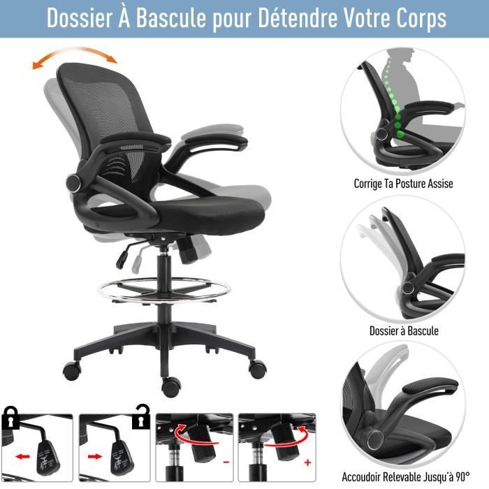 Chaise de Bureau Assise Haute Réglable Pivotant 360° Maille Respirante,  Noir