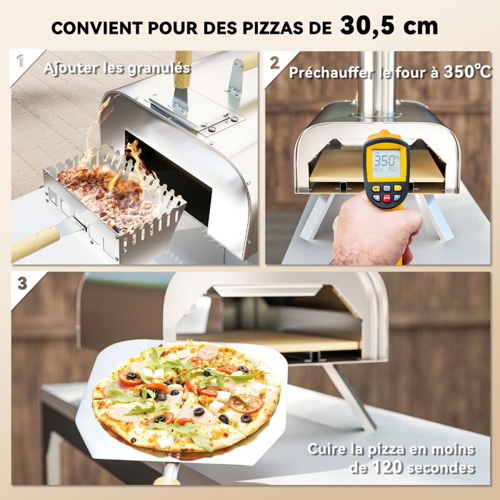 COSTWAY Four à Bois pour Pizza avec Pelle Pare-feu Pieds Pliables Pierre à Pizza de 30,5cm, Four à Pizza Extérieur Portable en Acier Inoxydable, Cheminée Amovible pour Jardin Terrasse