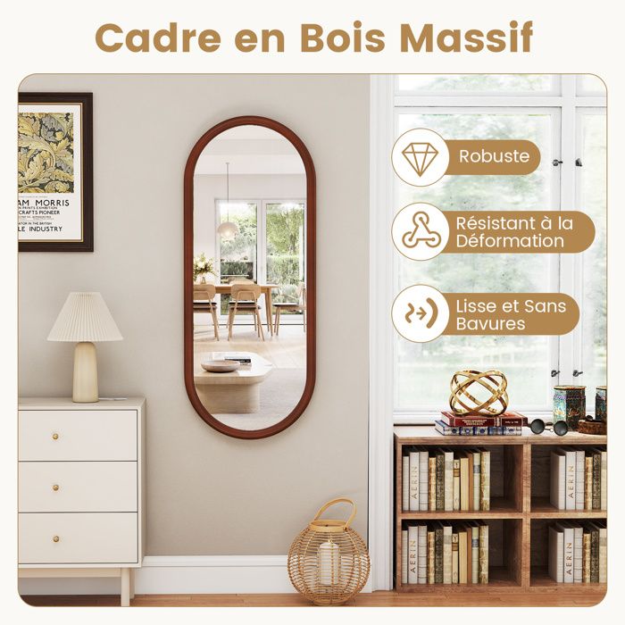 Miroir Mural Ovale 110x45 Cm Cadre Noyer Rétro - LIFEZEAL Miroir Corps Maquillage Plein Long Pour Chambre Salon Cabine Essayage