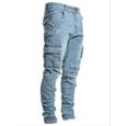 Pantalon Cargo Homme Bleu en Jean Multi Poches Serré Casual-0