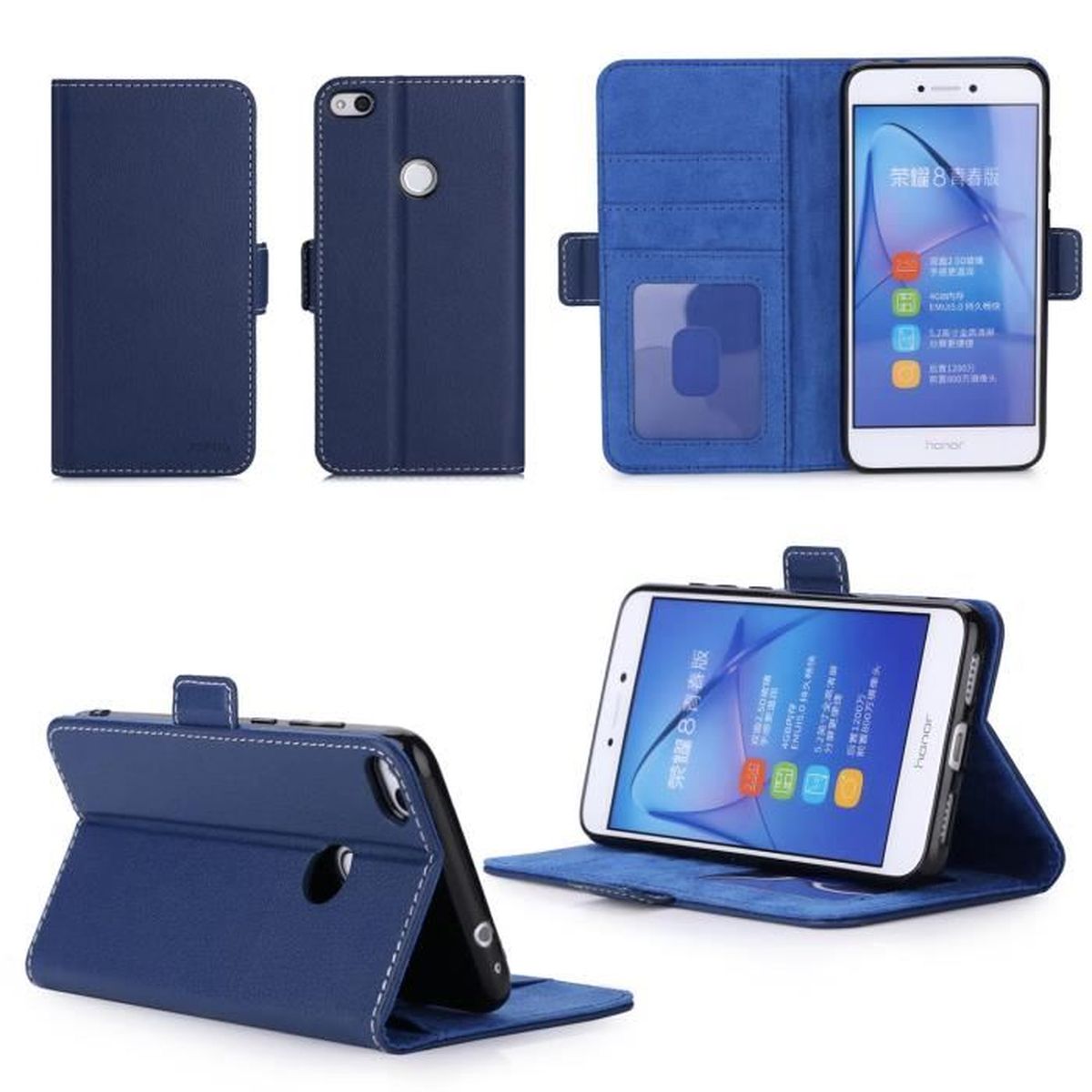 Coque Livre Huawei P8 Lite 2017 - étui Cuir Avec Rabat Magnétique, Poches Pour Cartes, Bleu Marine