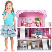 Aufun Maison de poupée en bois, maison de poupée en bois MDF et maison de poupée à 3 étages comprenant des meubles