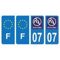 Lot 4 Autocollants plaque d'immatriculation voiture département 07 Ardèche Région Rhône Alpes & F France Europe
