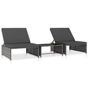 CHAISE LONGUE Lot de 2 transats chaise longue bain de soleil lit de jardin terrasse meuble d exterieur avec table resine tressee gris