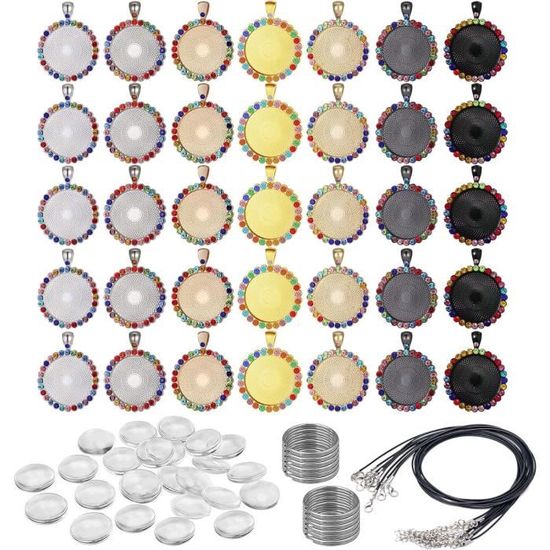 Kit 62 Pièces Plateaux Pendentif Strass 25 Mm – 7 Couleurs, Cabochons Verre, Cordes Et Porte-clés – DIY Bijoux
