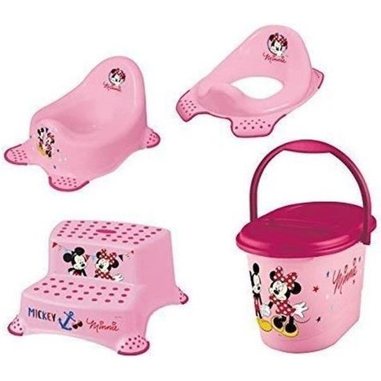 4er Lot Z Disney Minnie Mouse: Wc Pièce Jointe + Pot Bébé + Tabouret en Deux Étapes + Sceau à Couches