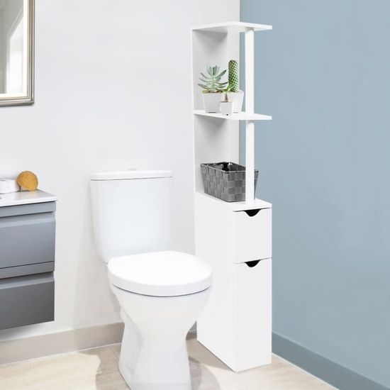 ID MARKET - Meuble WC étagère WILLY bois gain de place pour toilette 2 portes blanches
