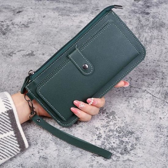 Portefeuille Femme En Cuir Synthétique Camouflage Vert - 12 Emplacements Cartes, Poche Zippée, 20.3x10.9cm