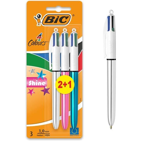 Bic 4 Colours Shine stylo bille, medium, blister de 3 pièces