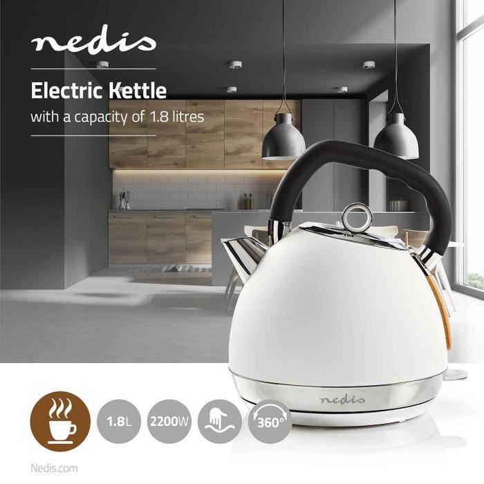 Bouilloire électrique 1.8 l Doux au toucher Blanc et Bois Rotatif 360 degrés Élément chauffant Protection contre l'ébullition