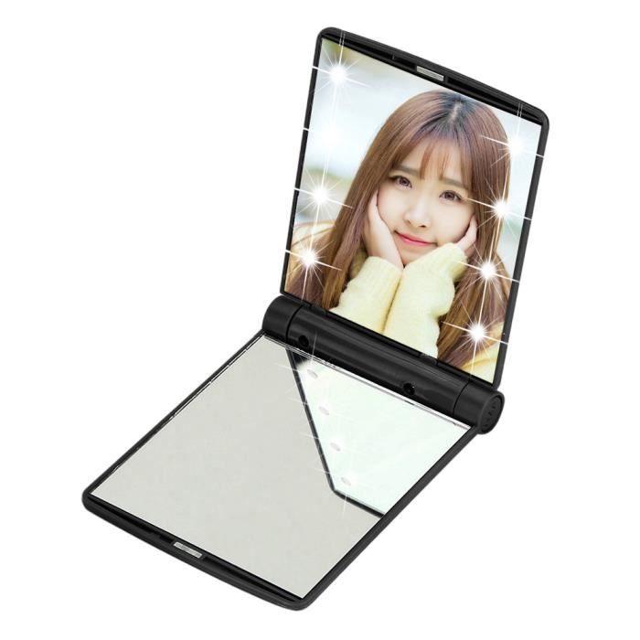 Miroir de poche compact portable pliable cosmétique de maquillage avec 8 LED s'allume en noir @woke1786