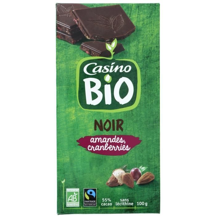 CASINO Chocolat noir Amandes Cranberries Bio - 100G