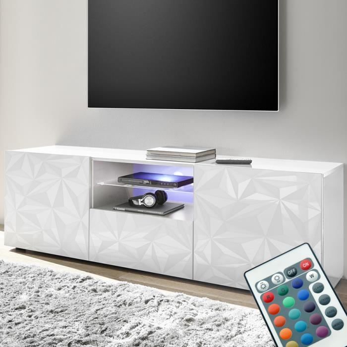Grand meuble télé lumineux laqué blanc design PAOLO 2 Blanc L 181 x P 42 x H 79 cm