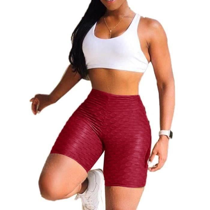 Sports Femmes Élastique Taille Haute Shorts Couleur Unie Gym Yoga Slim Cinquième Pantalon Vin Rouge L G019BE