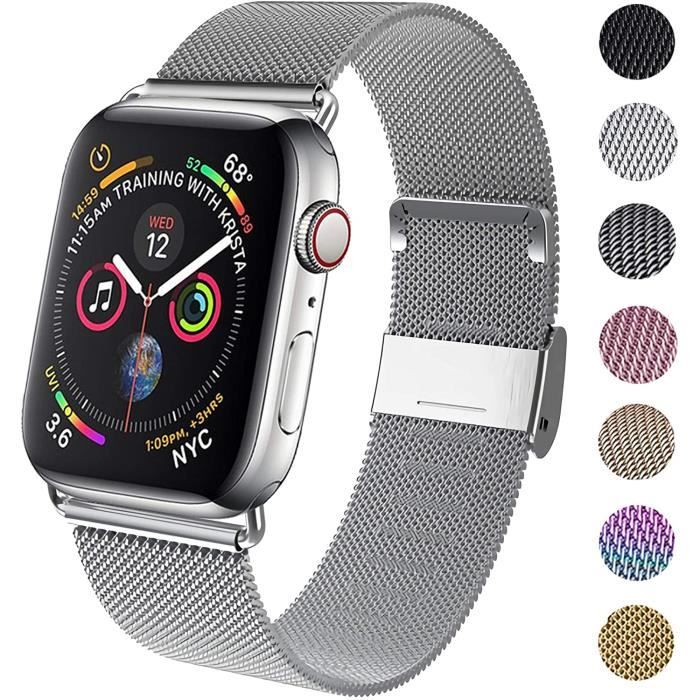 Bracelet pour Apple Watch, En Acier Maillé Inoxydable Aimant Puissant Réglable Compatible Iwatch Series 5 4 3 2 1 (42/44mm-argent)