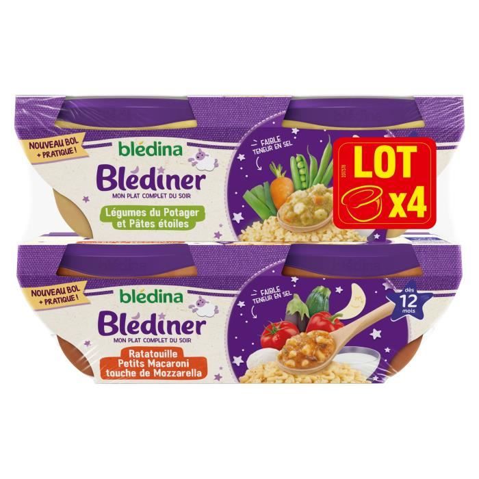 Blédina Blediner - Légumes du potager et pâtes étoiles - Ratatouille Macaroni Mozzarella - Dès 12 mois - Pack de 4 bols x 200 g