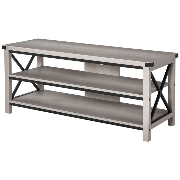 Meuble TV Banc TV 60 pouces max. 2 Étagères de Rangement Dim. 120L x 39l x 50H cm MDF chêne gris métal noir 120x39x50cm Gris