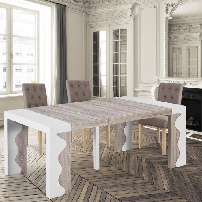 Table Console extensible Ariel Laquée Ivoire & Chêne