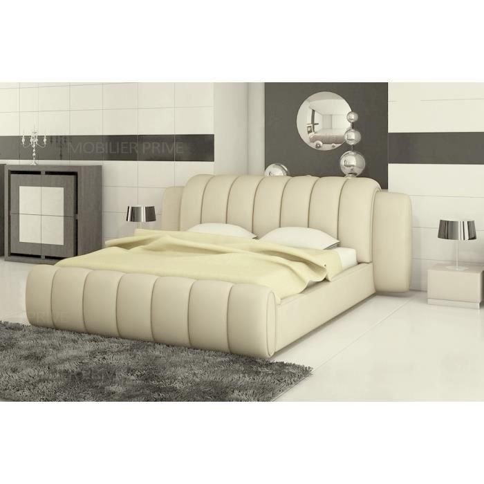 Lit design en cuir de luxe SPLENDIDE, ECRU, dimension de couchage 140X190, avec sommier à lattes