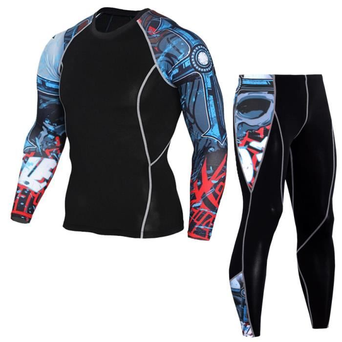 Ensemble de vêtements de sport homme 2 pièces T shirt+ pantalon leggings de compression fitness course élastique à séchage rapide