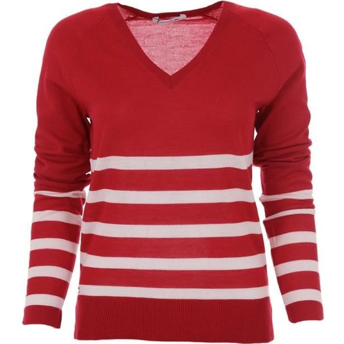 LACOSTE PULL FEMME Manches Longues - Rouge Rayé Blanc - 100% Laine
