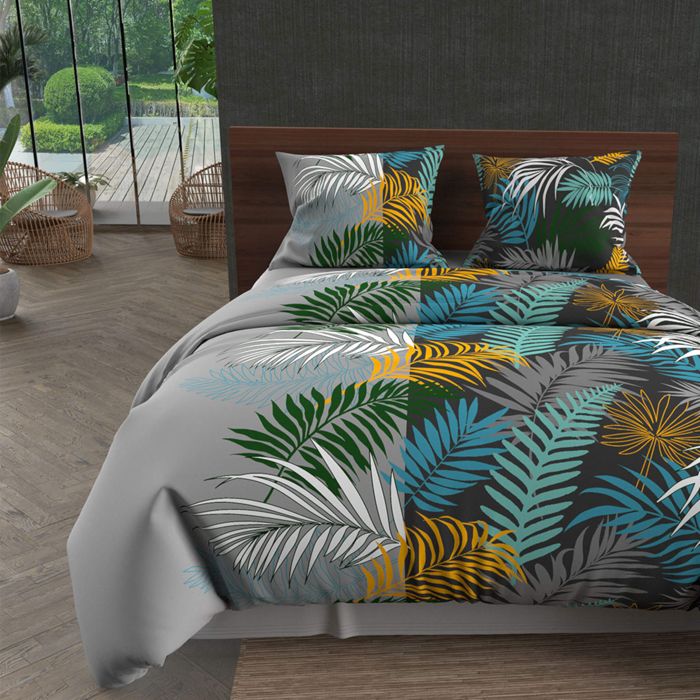 Parure housse de couette en coton 57 fils 240x220 cm JUNGLE bleu, par Soleil d'Ocre