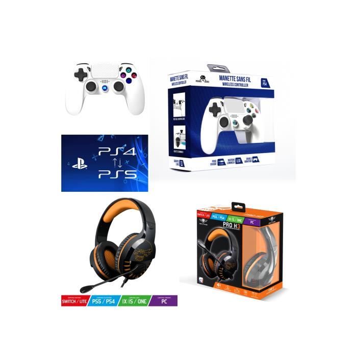 PACK Casque GAMER PRO-H3 Orange PlayStation PS4-PS5 Edition + Manette PS4 Playstation BLANCHE Bluetooth