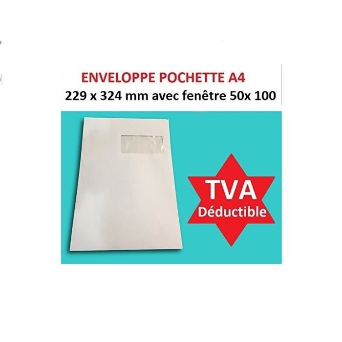 lot de 500 ex Grande enveloppe avec fenetre pochette courrier A4 - C4 papier kraft blanc 90g format 229 x 324 mm une enveloppe