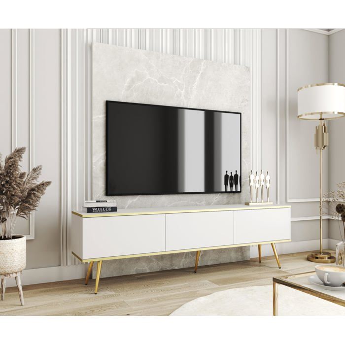 Meuble TV Blanc pieds Or 175 x 30 x 52 cm Push to Open