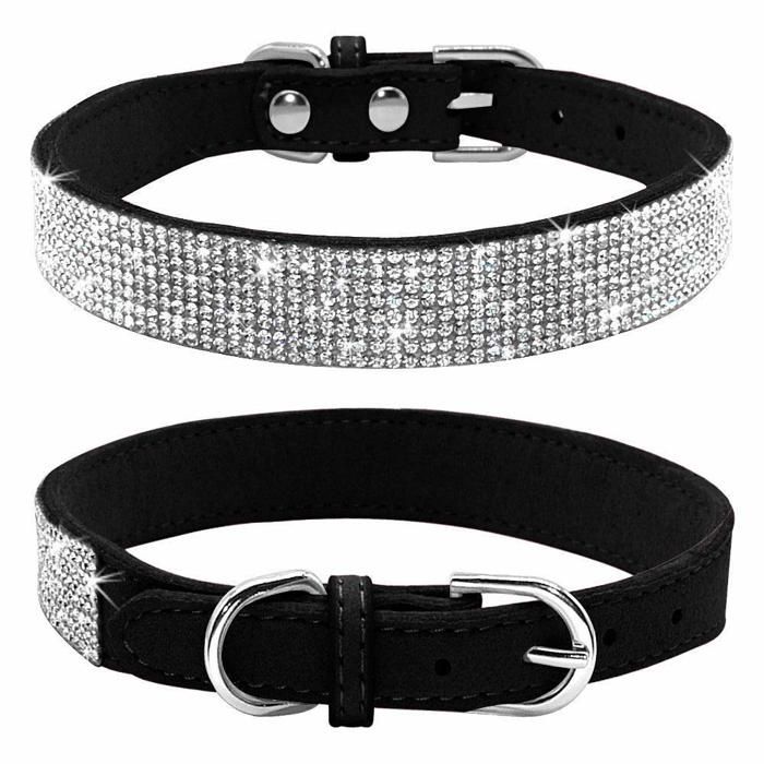 Meilleurs prix pour Collier pour chien en strass mignon et éblouissant en cuir suédé souple et scintillant collier pour chien et chat (S noir)