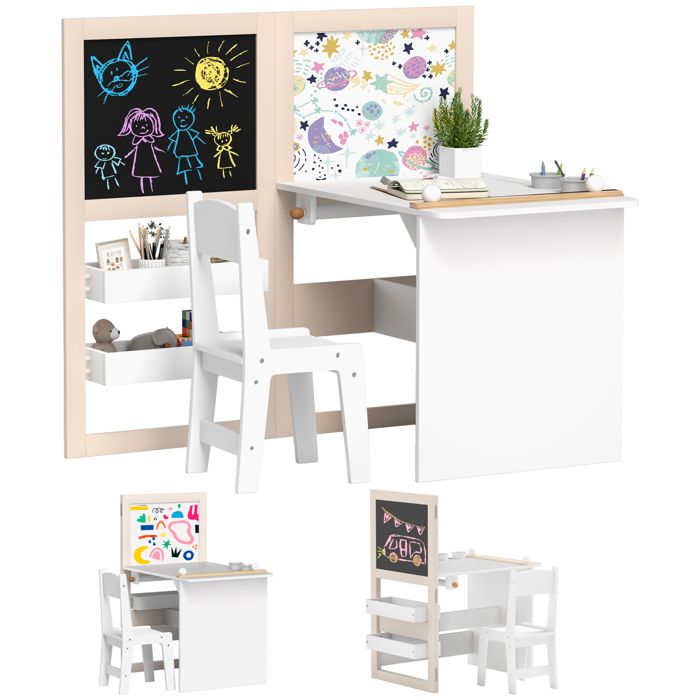 Table enfant avec chaise AIYAPLAY 3 en 1 avec chevalet pliable étagères de rangement rouleau de papier - 3 à 8 ans blanc