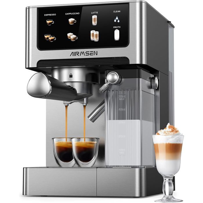 AIRMSEN 3-en-1 Machine à Expresso 20 Bar – Latte Cappuccino Double Chaudière Inox Réservoir 18L Mousseur à Lait - Airmsen