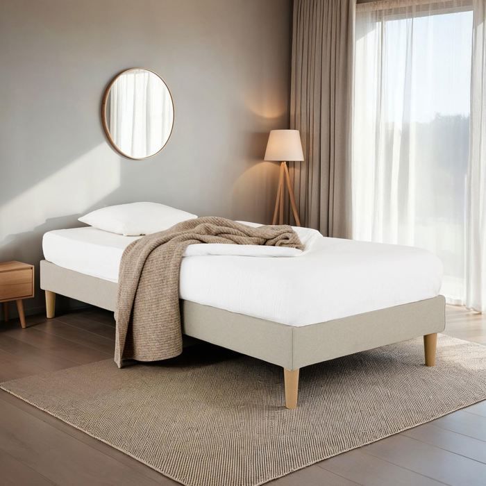 Sommier tapissier PAIMPOL 90 x 190 cm structure en bois et revêtement en tissu beige cadre de lit avec pieds