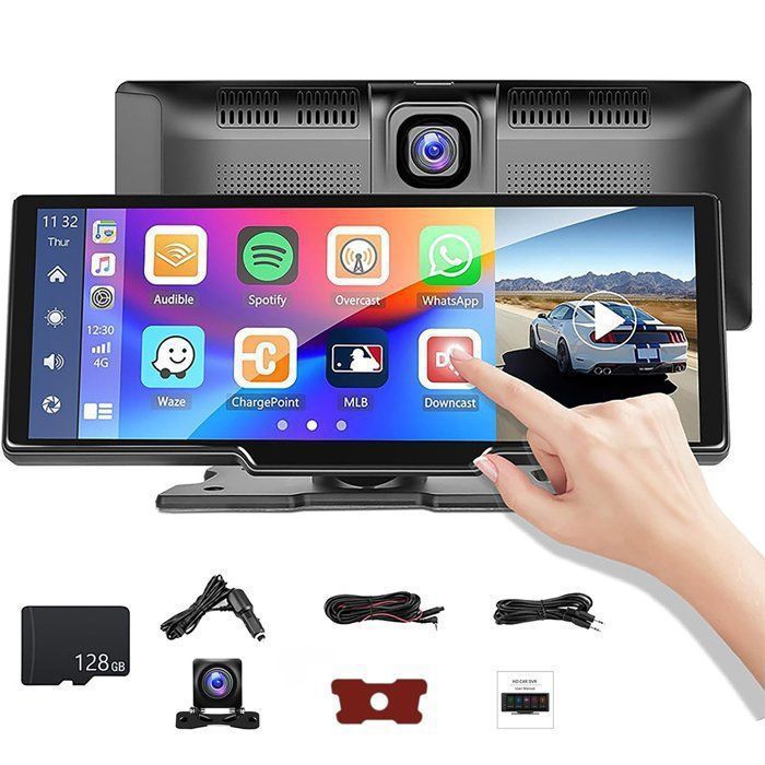 Autoradio sans Fil CarPlay Android Auto 10.26 Pouces Ecran Voiture avec Dashcam Avant arrière 4K+1080PBluetooth/GPS/FM/AUX/TF128G