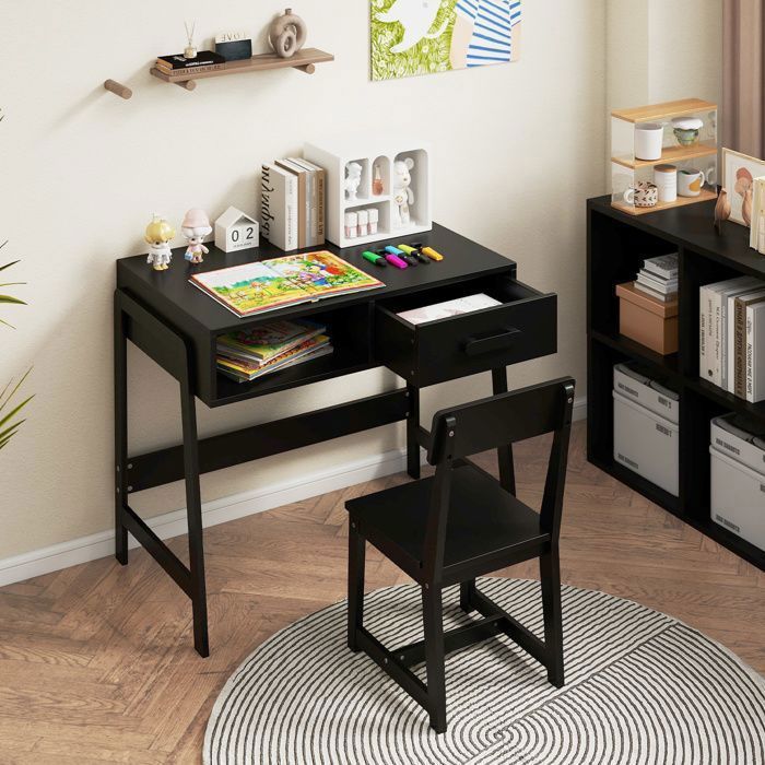 GOPLUS Bureau Enfant 3 Ans+ avec Chaise-85x48x70CM-Ensemble de Bureau dÉtude en Bois avec Tiroir-Noir