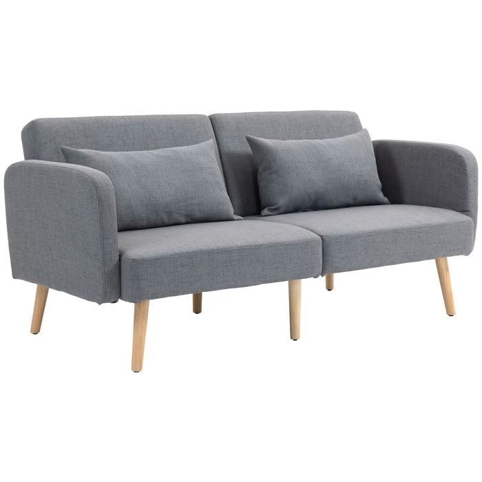 Canapé convertible 3 places - HOMCOM - dossier inclinable et accoudoirs réglables - tissu effet lin - pieds en bois massif - gris