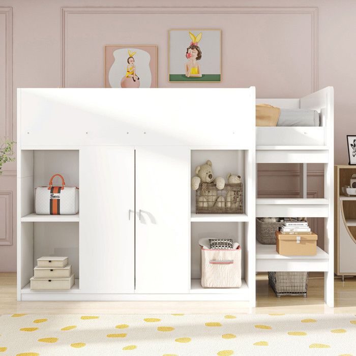 Lit Mezzanine Multifonctionnel Pour Enfant 90x200 cm avec Armoire Structure de Lit avec éChelle Lit Simple Superposé Blanc