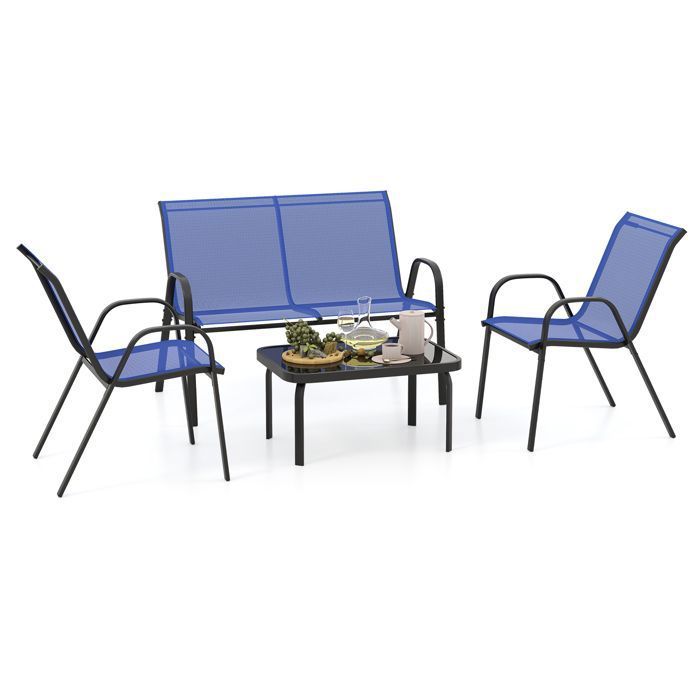 COSTWAY 4 PCS Ensemble Table et Chaises de Jardin Extérieur Chaises et Causeuse avec Siège en Tissu Plateau en Verre Trempé Bleu