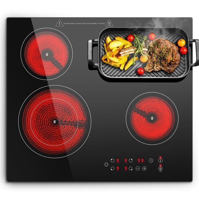 Plaque Vitrocéramique 4 Feux Plaque de cuisson Encastrable 6600W Ovale Double Zone 9 Niveaux Tactile plaque