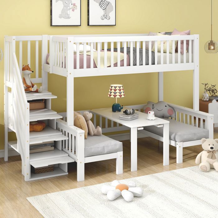 Lit superposé 2/3 places 90/140 x 200 cm lit enfant avec table multifonction réglable en hauteur pin + MDF Blanc
